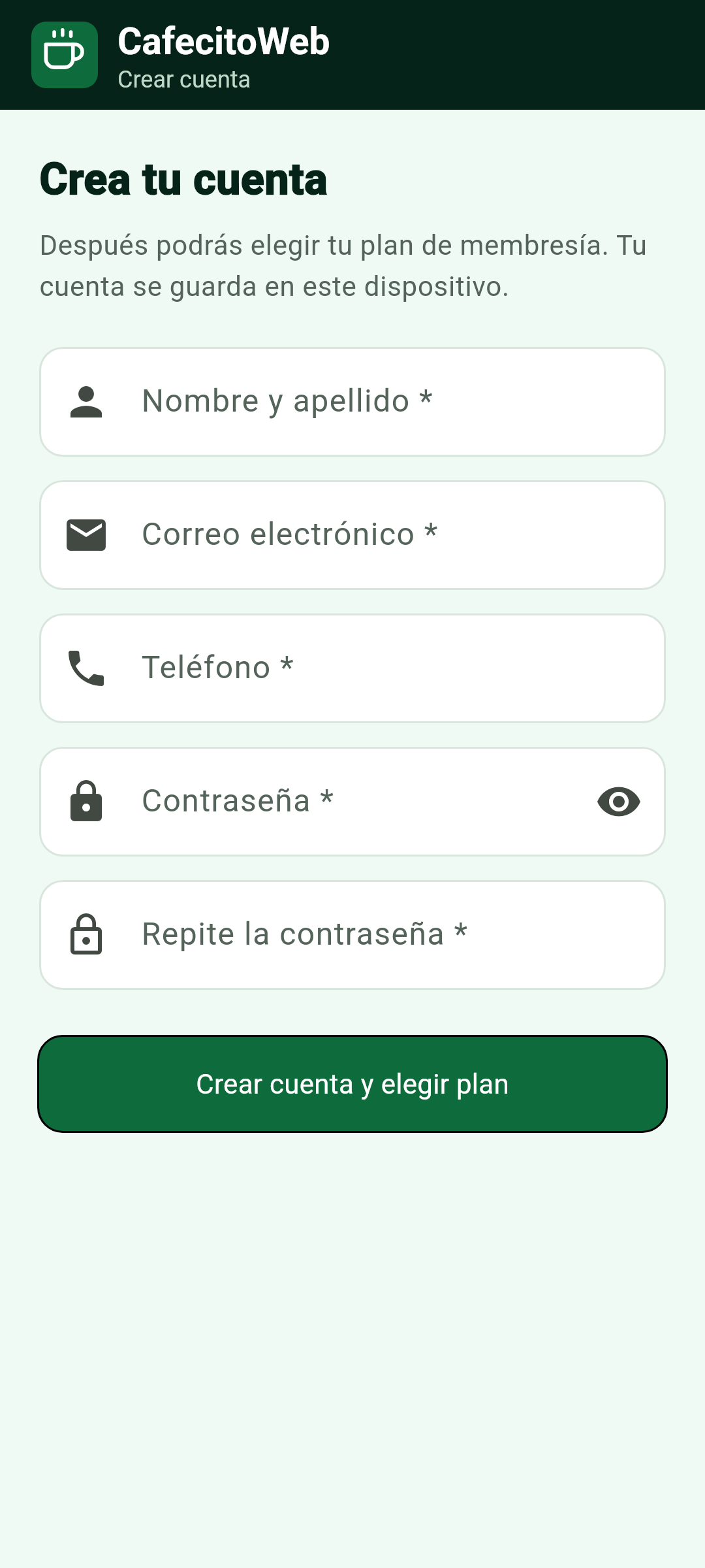 Pantalla de crear cuenta de la app de CafecitoWeb