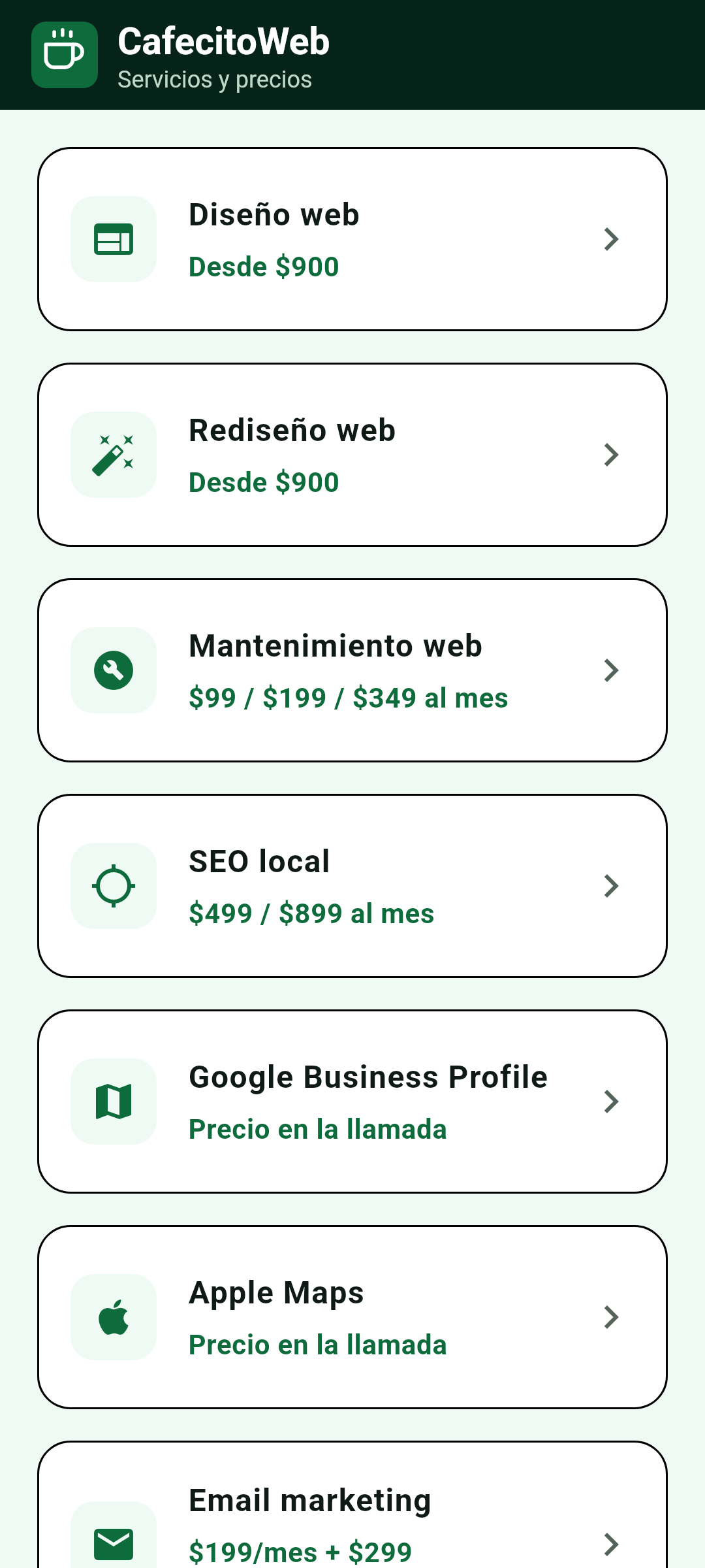 Pantalla de servicios de la app de CafecitoWeb