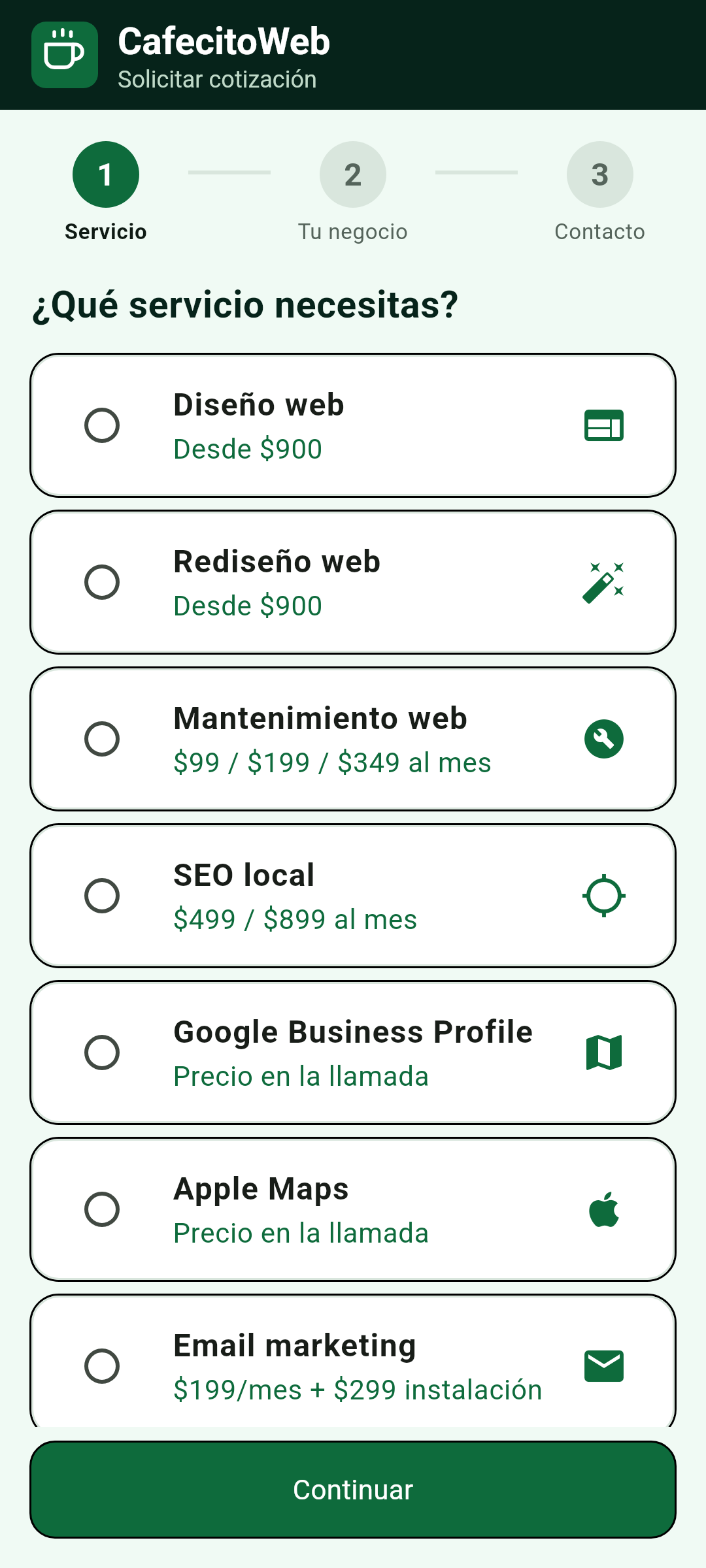 Flujo de solicitud de cotización de la app de CafecitoWeb