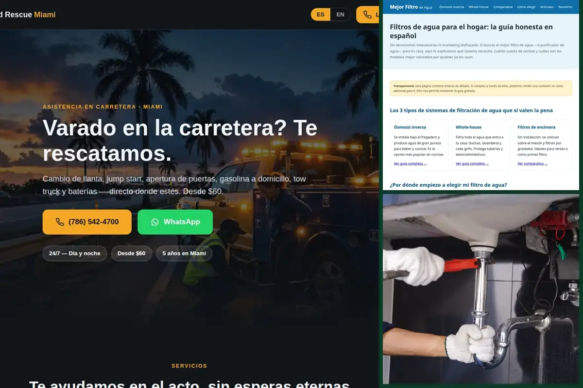 Composition of real CafecitoWeb work: Road Rescue Miami's bilingual site, the Mejor Filtro de Agua project and a page for plumbers