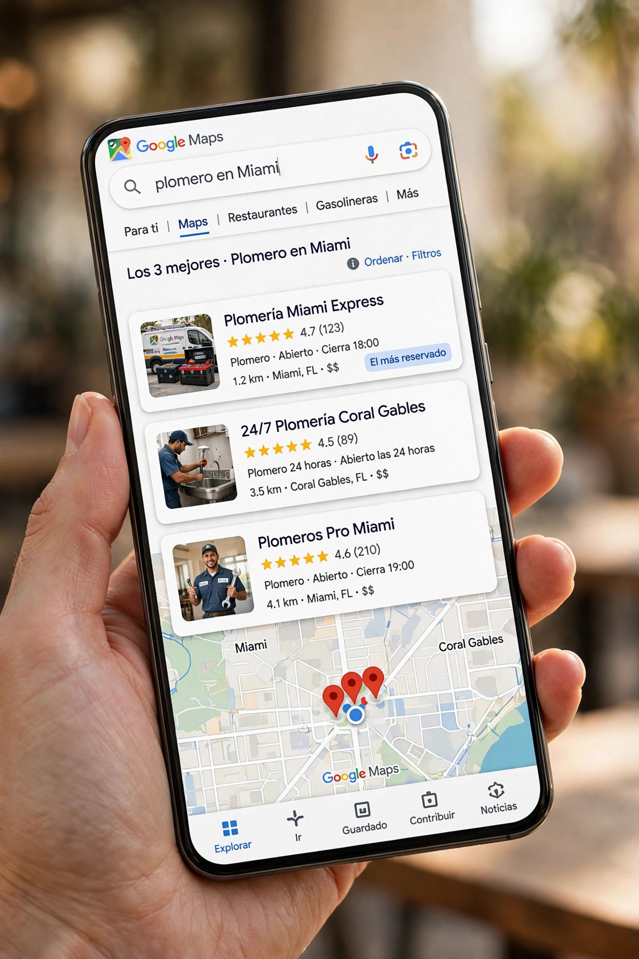Ejemplo del Map Pack de Google en Miami: los tres primeros negocios locales para la búsqueda plomero en Miami con estrellas, reseñas y distancia