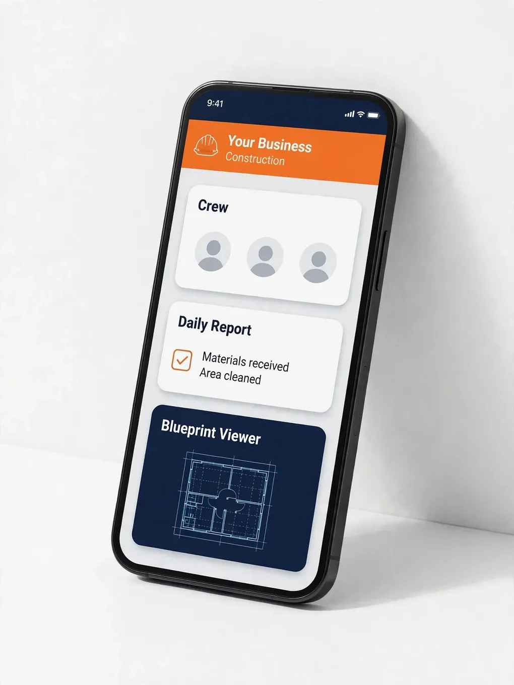 Design sample of a construction app: daily job-site reports and crew coordination
