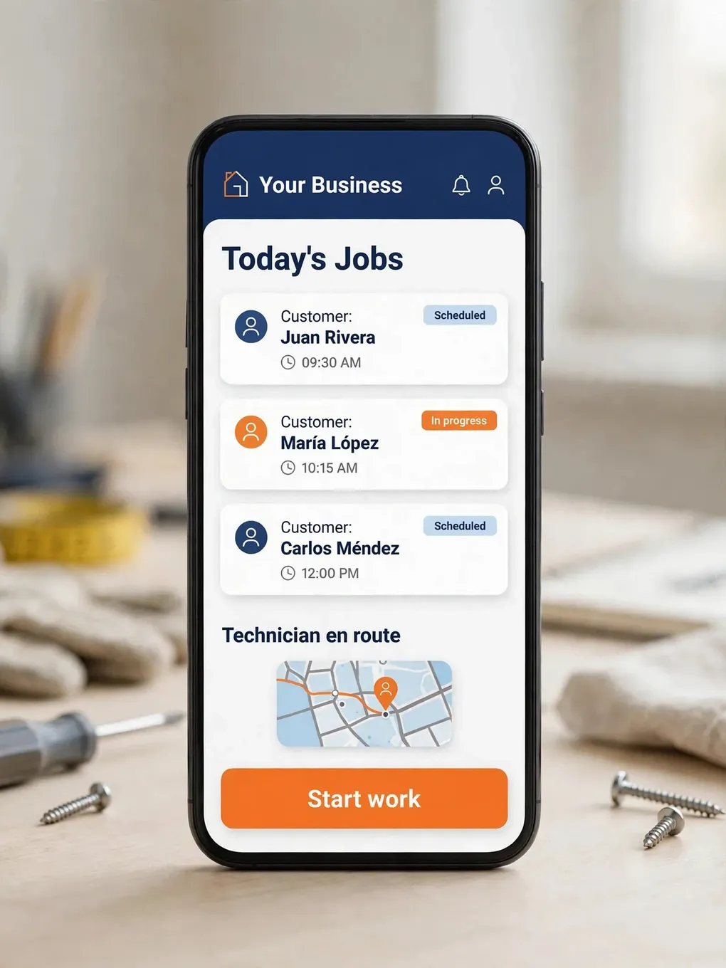 Design sample of a contractor app: job scheduling and technician dispatch on the map