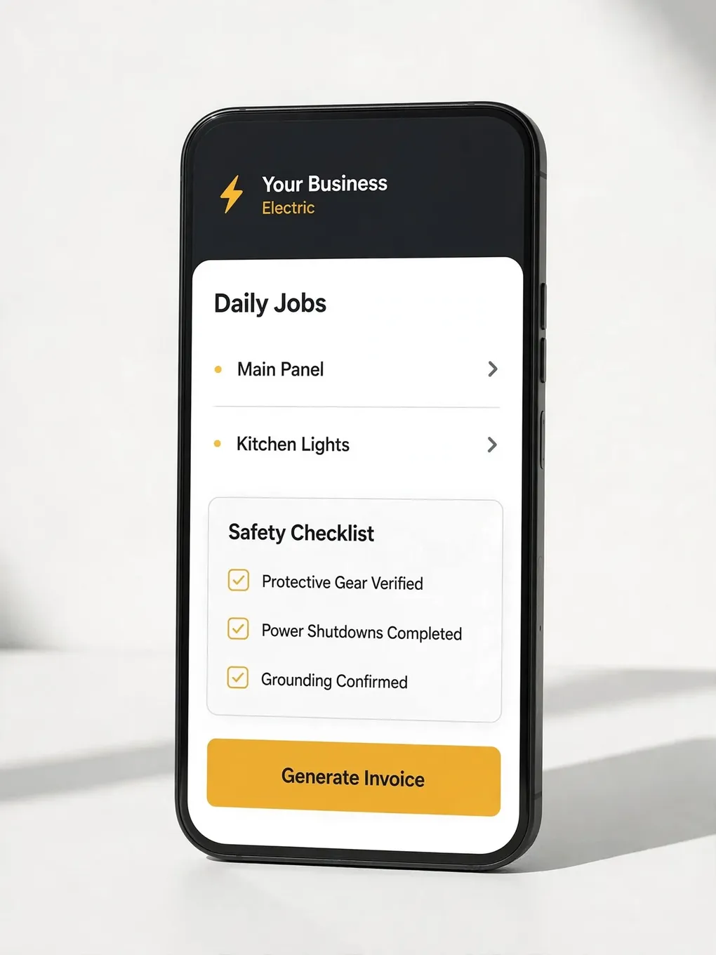 Design sample of an electrician app: jobs scheduled by priority and on-site quotes