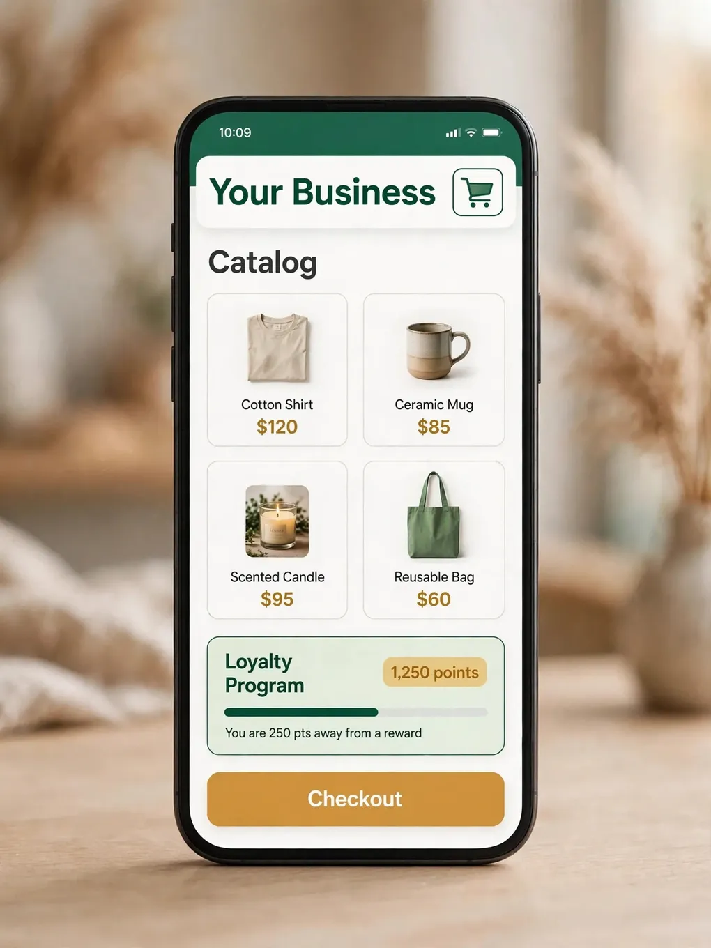 Design sample of a small business app: catalog, payments, and loyalty program