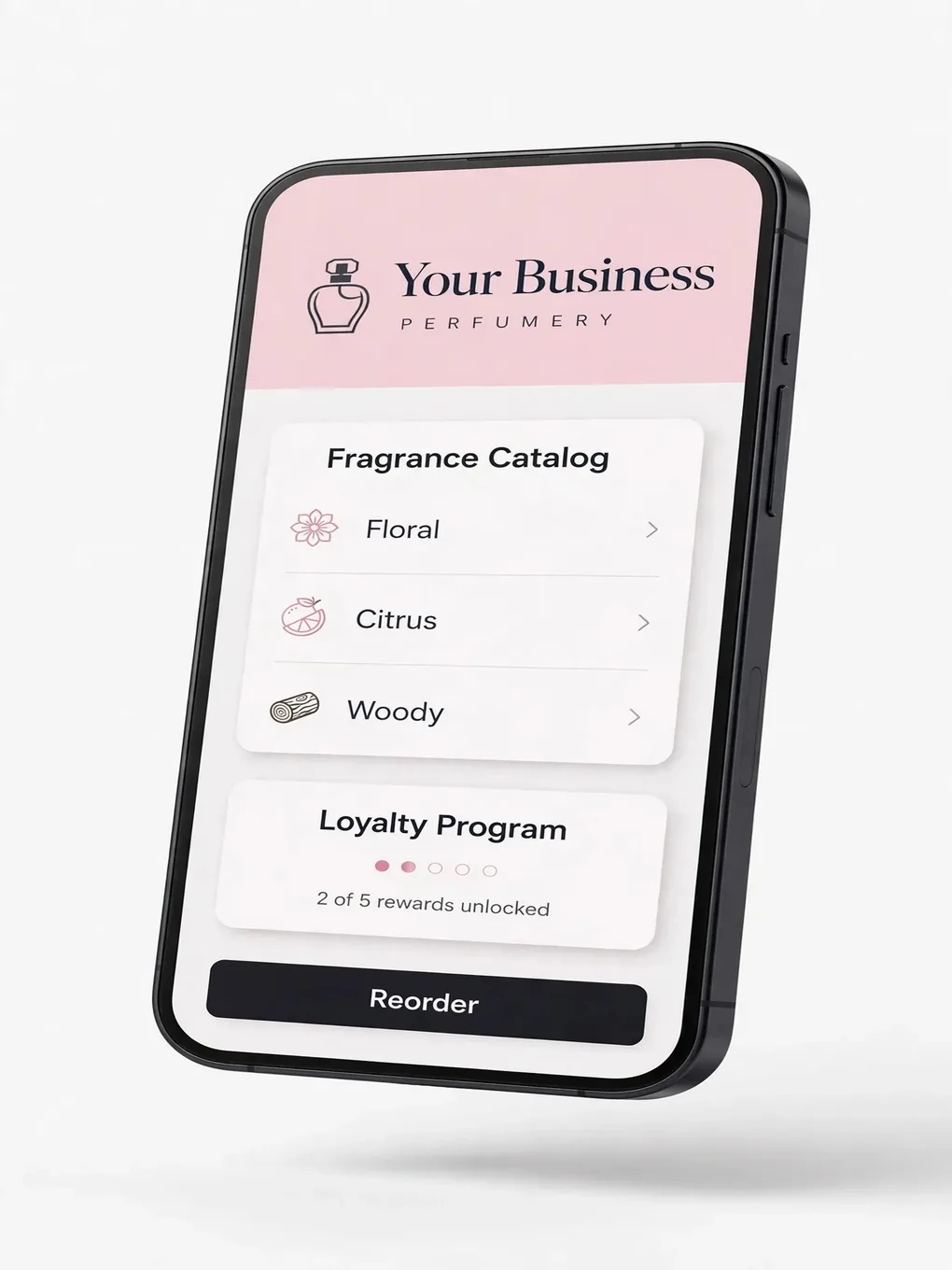 Sample perfume store app design: fragrance catalog, loyalty, and reorders
