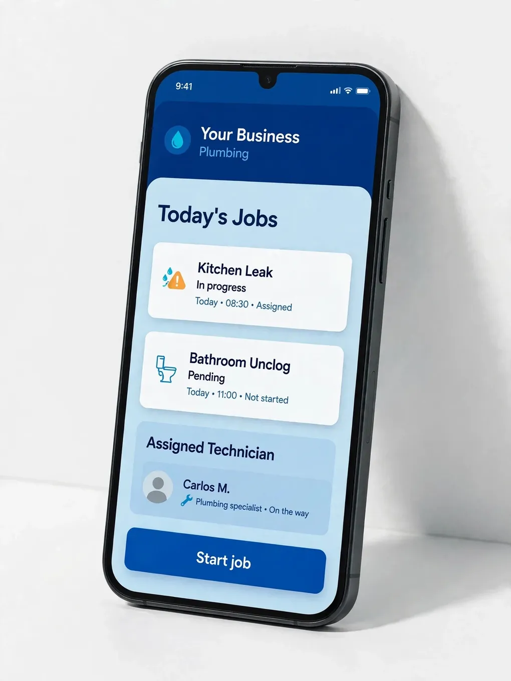 Design sample of a plumbing app: emergency scheduling and tech dispatch by zone