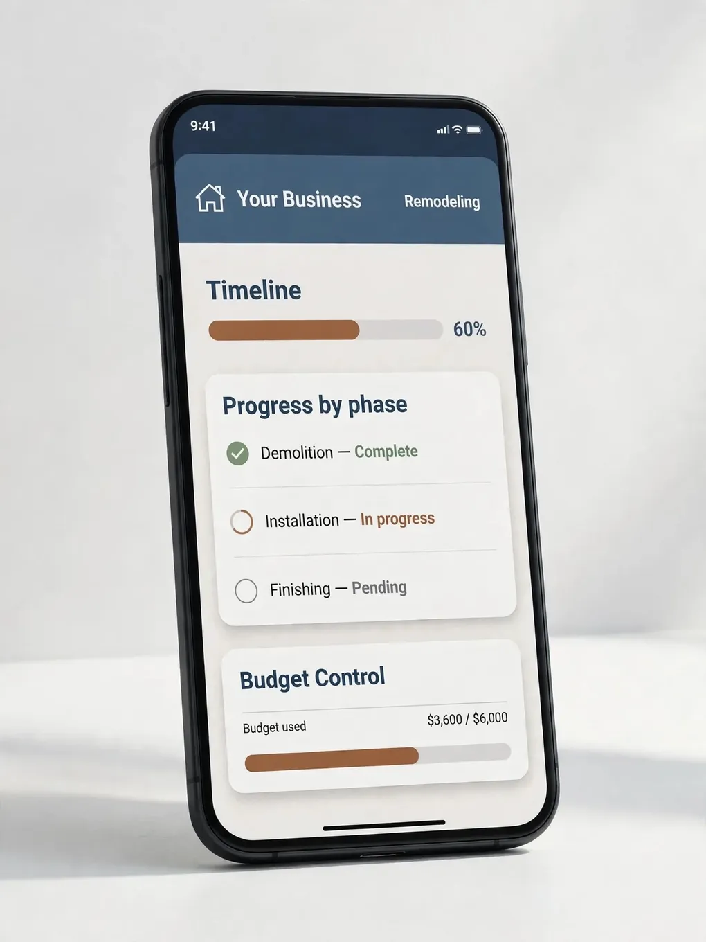 Design sample of a remodeling app: phase-based projects and photo updates for the customer