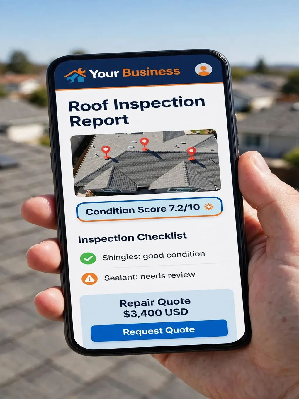 Design sample of a roofing app: photo inspections and on-visit estimates
