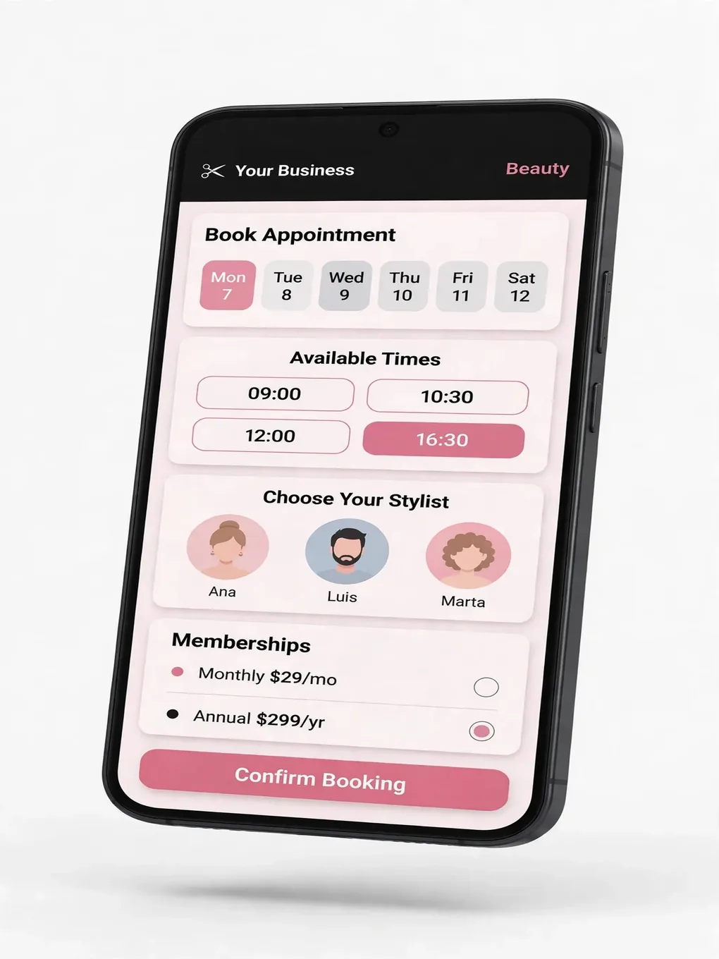 Design sample of an app for beauty salons