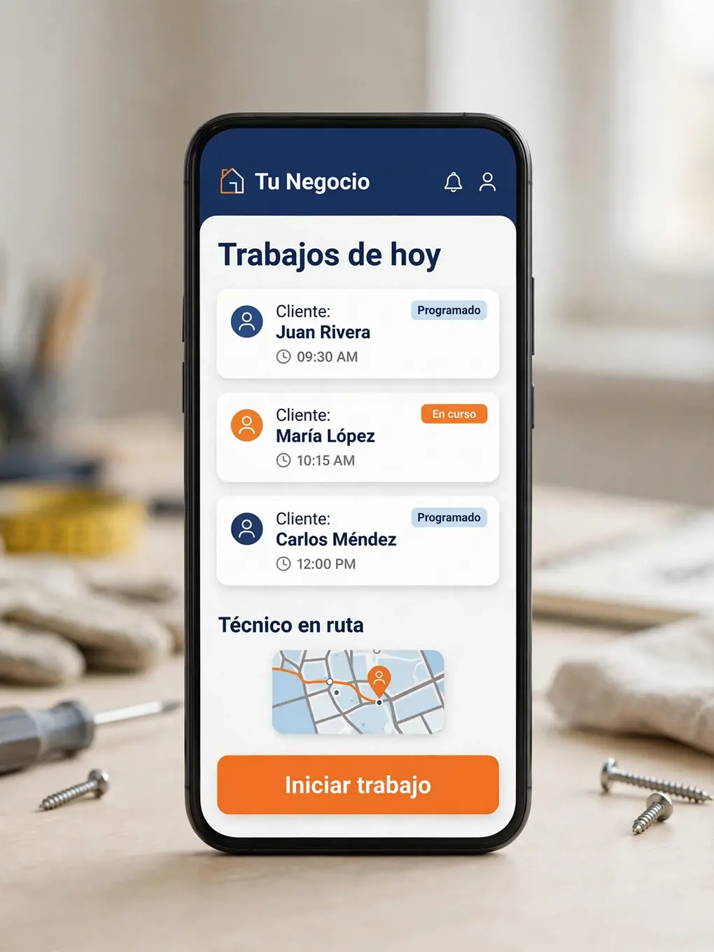 Ejemplo de diseño de app para contratistas: agenda de trabajos y despacho de técnicos en el mapa