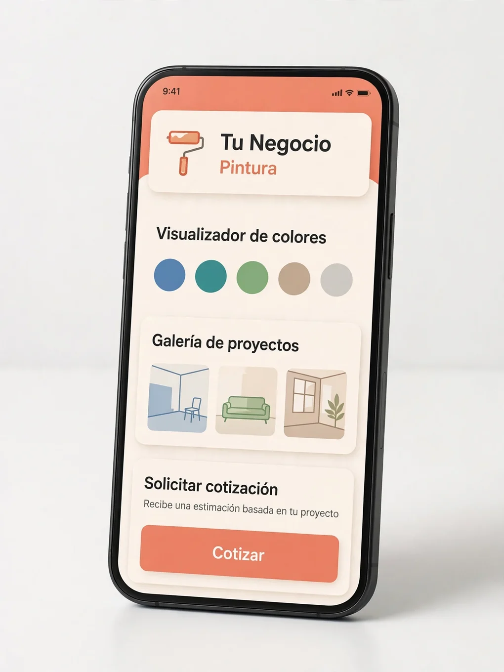 Ejemplo de diseño de app para pintores: estimados en la visita y fotos del antes y después