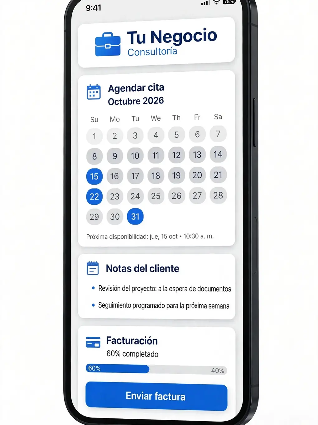 Ejemplo de diseño de app para profesionales: citas, notas de cliente y facturación
