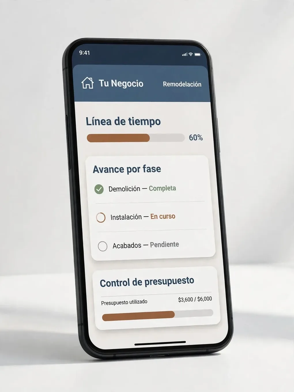 Ejemplo de diseño de app para remodelación: proyectos por fase y actualizaciones con fotos para el cliente