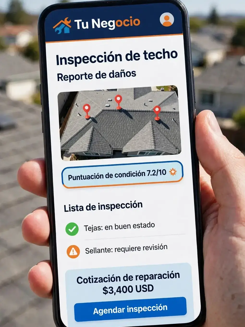 Ejemplo de diseño de app para roofing: inspecciones con fotos y estimados en la visita