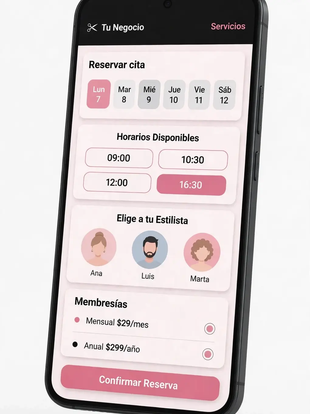 Ejemplo de diseño de app para salones de belleza