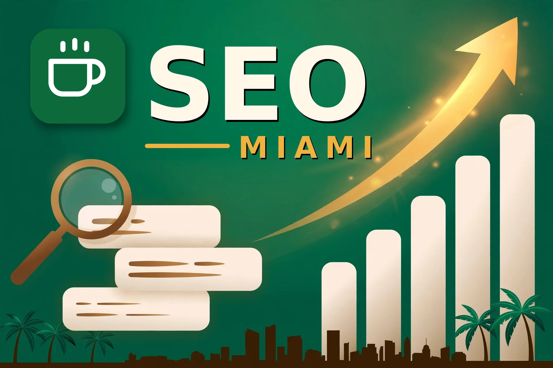 Logo de CafecitoWeb junto a la palabra SEO, una gráfica de crecimiento ascendente y el skyline de Miami